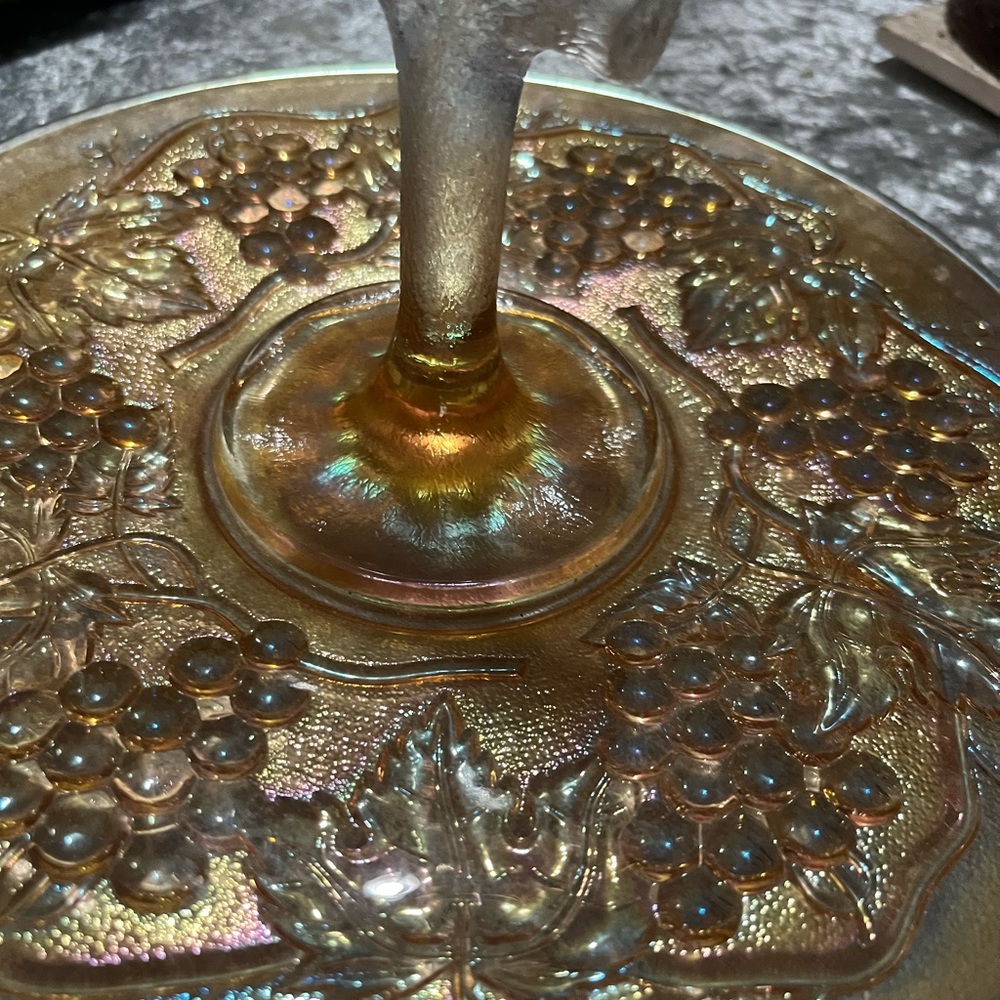Vintage Fenton Iridescent Gold Cake Stand Grapes Abundance motif